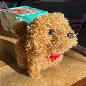 New Robotic puppy- Tan Plush Puppy with Red Bow